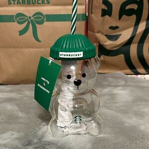 Starbucks Bear Tumbler with Green Lid and Straw